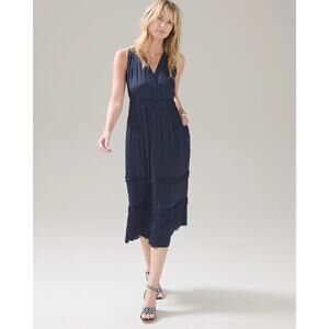 White House Black Market Satin Surplice Sleeveless Tiered Midi Dress Navy XS New